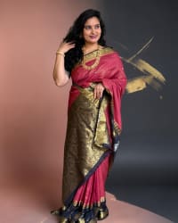 Semi Mysore Crepe (Silver & Golden Jari Gandaberunda Border) thumbnail 2