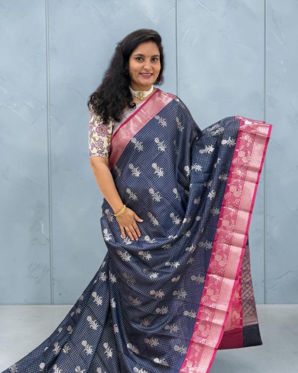 Banarasi Semi Katan (Checks and Floral Motifs)