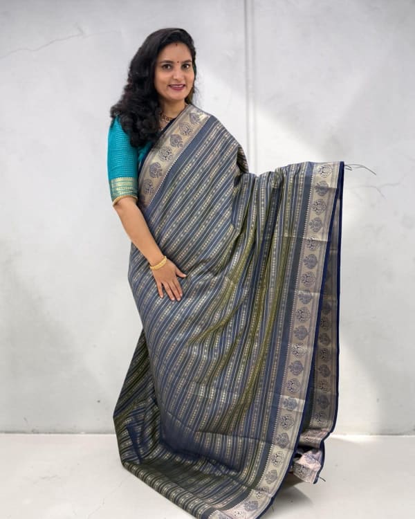 Semi Tussar (Horizontal Line Floral Border)