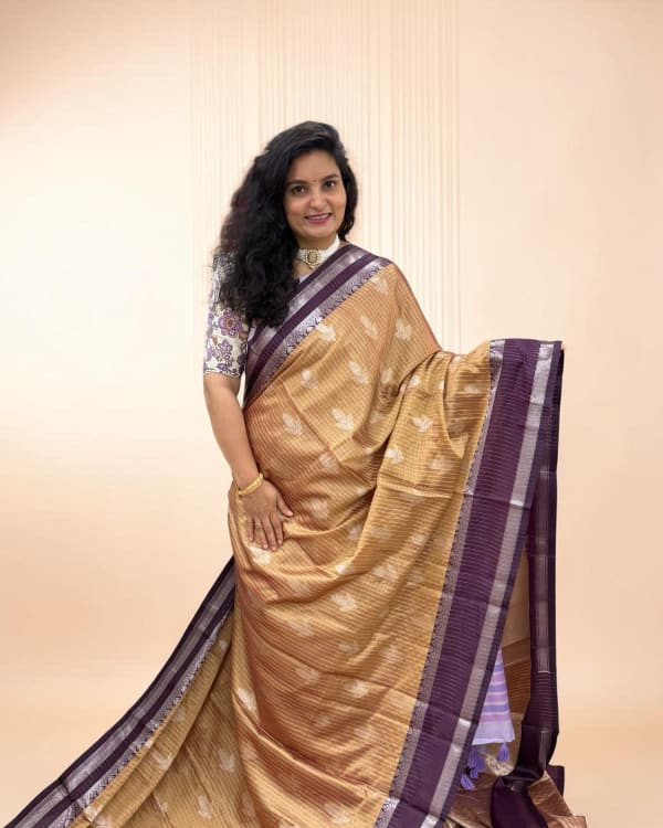 Banarasi Semi Katan (Golden Checks and Motifs)