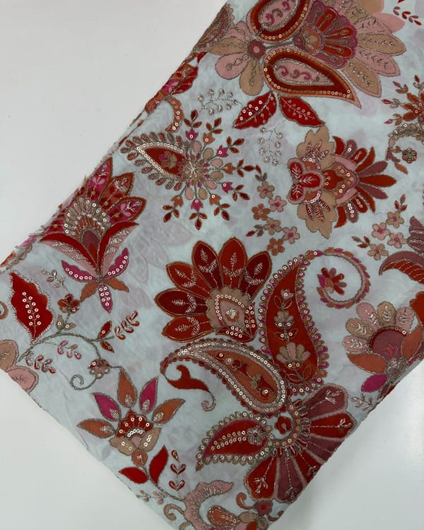 Kalamkari Blouse Fabric (Pastel Hibiscus Flower Rich Positioning Work)