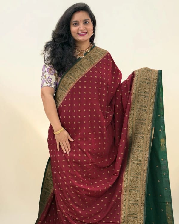 Banarasi Khadi Georgette (Leaf Motifs, Grand Border & Pallu)