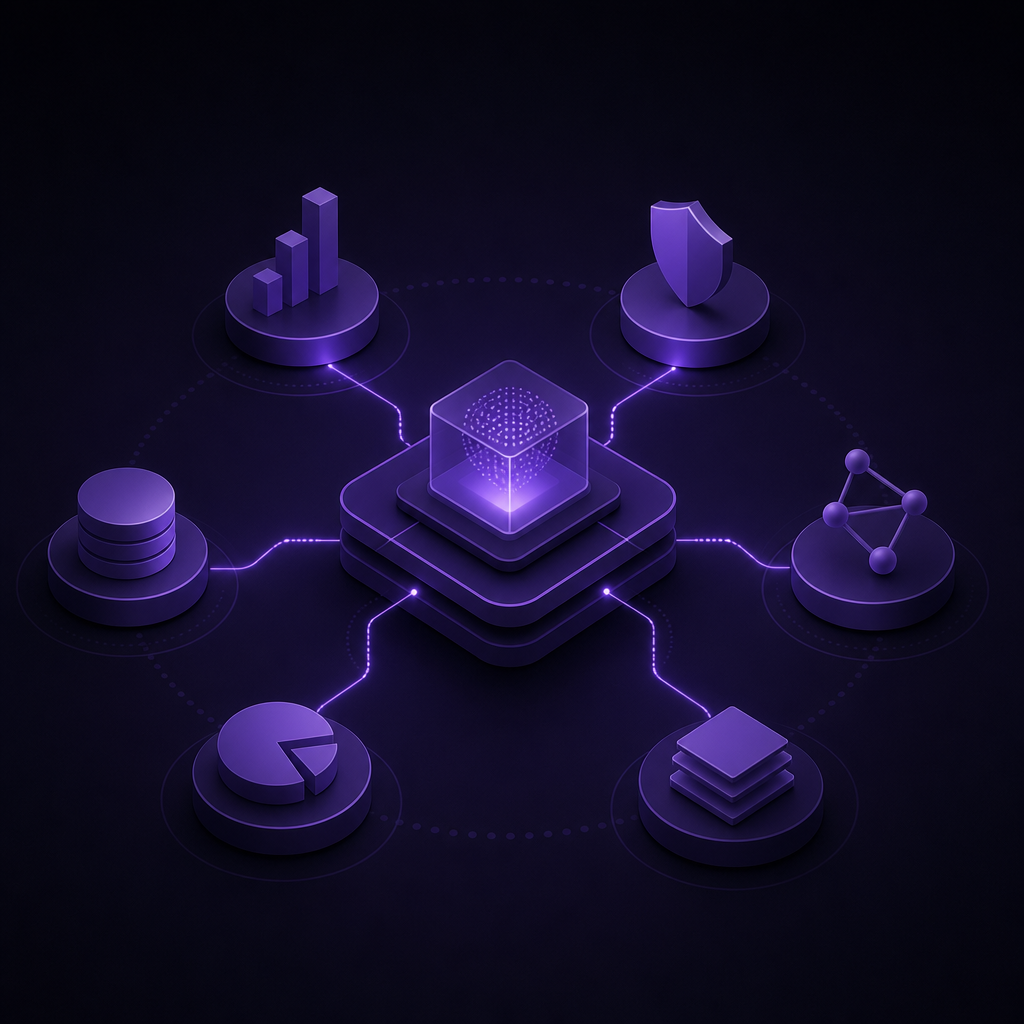 Multiple interconnected geometric agents representing an AI sales stack for insurance carriers system