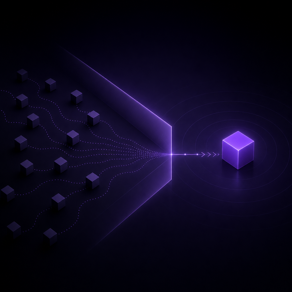 Abstract geometric visualization of GTM agents crossing a threshold with purple gradient lighting