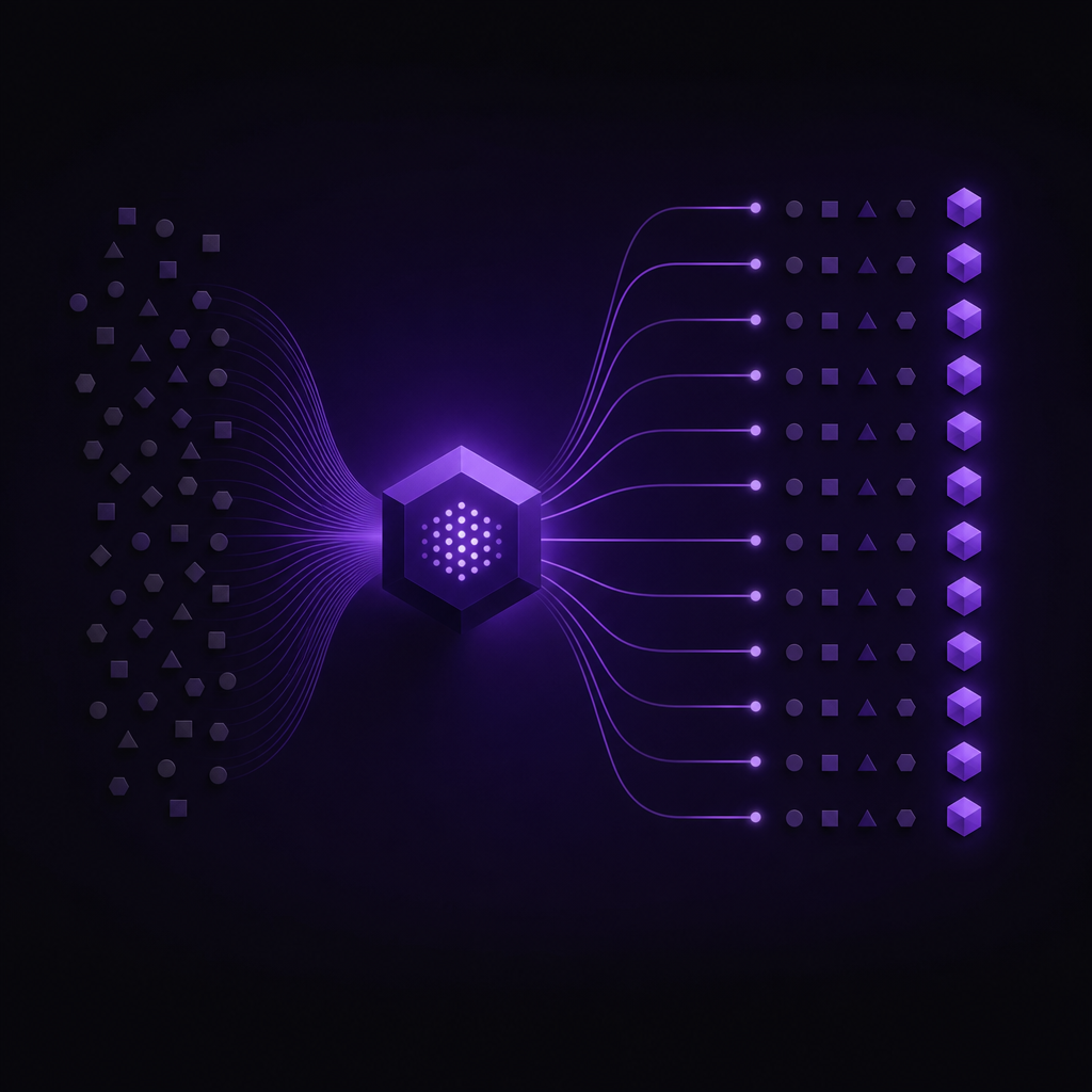 Abstract geometric visualization of GTM agents executing qualification at scale and consistency