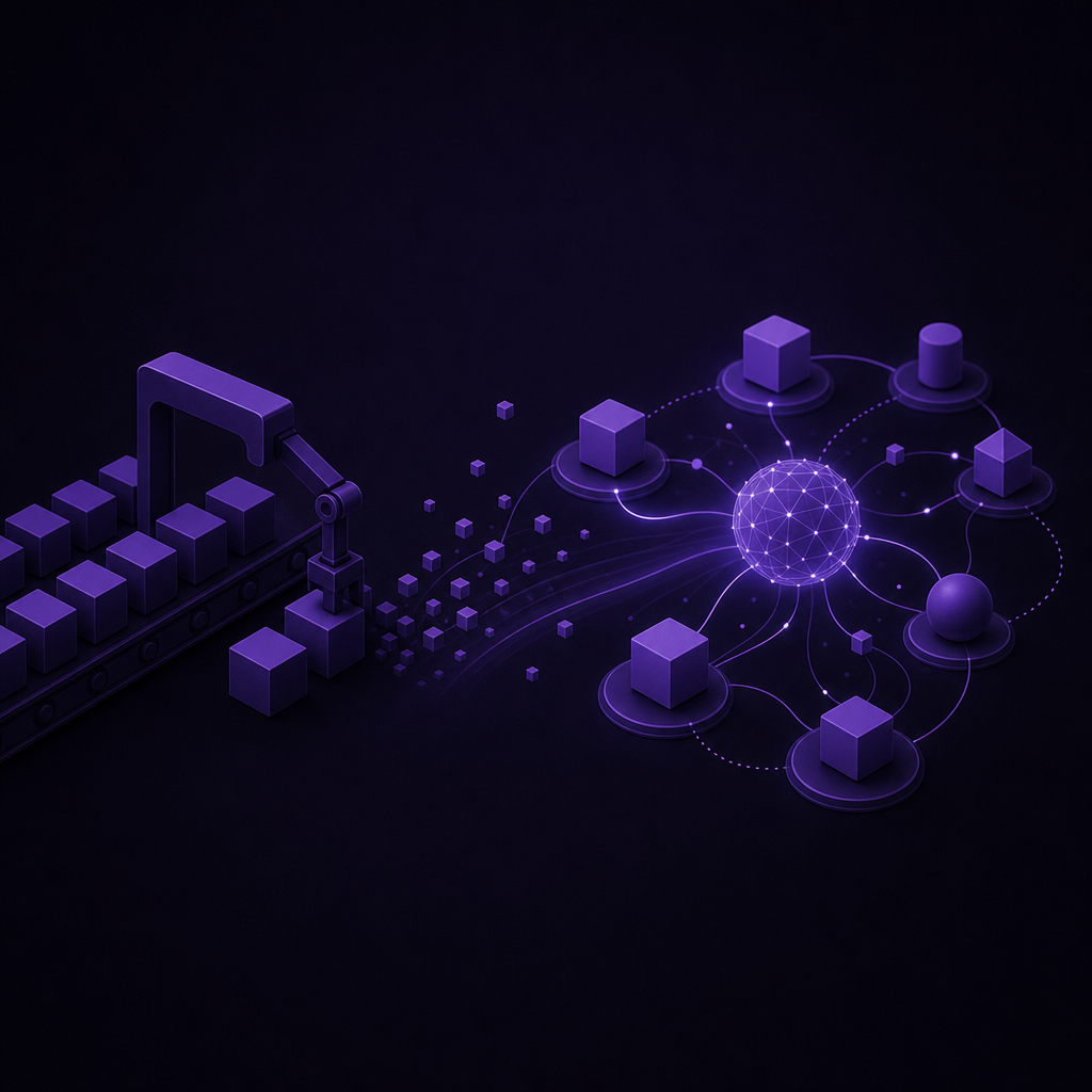 Abstract geometric shapes demonstrating GTM agents learning and adapting through interconnected neural pathways