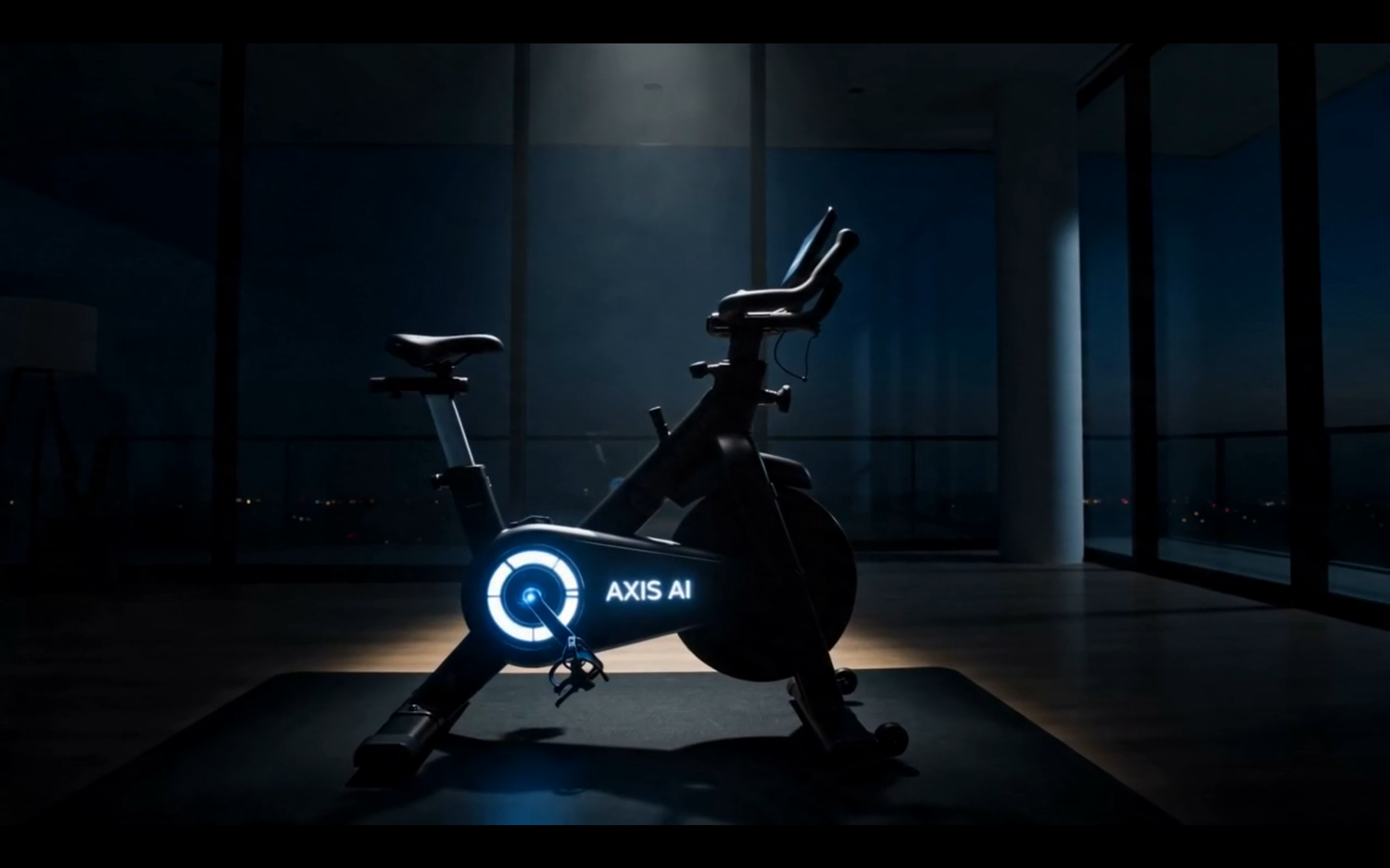 AI-generated fitness equipment advertisement created with Ad Genie featuring an indoor cycle cross trainer with immersive 360-degree AI projection environments.