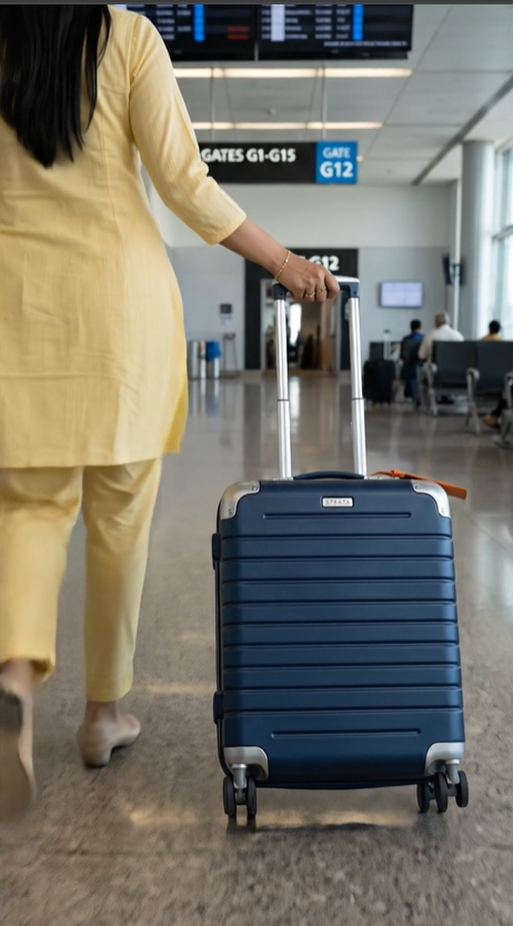Travel smarter with Strata Luggage Trolley. This UGC-style travel video showcases a woman effortlessly carrying and rolling her luggage, highlighting comfort, smooth mobility, and stylish travel convenience for modern journeys.