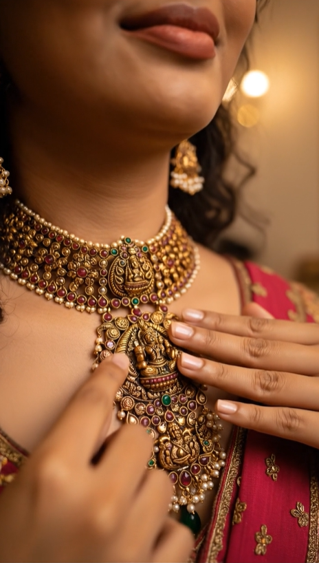 Elevate your look with the timeless elegance of South Indian craftsmanship. ✨ From exquisite antique detailing to a seamless virtual try-on, find the piece that gives you that "main character" energy!