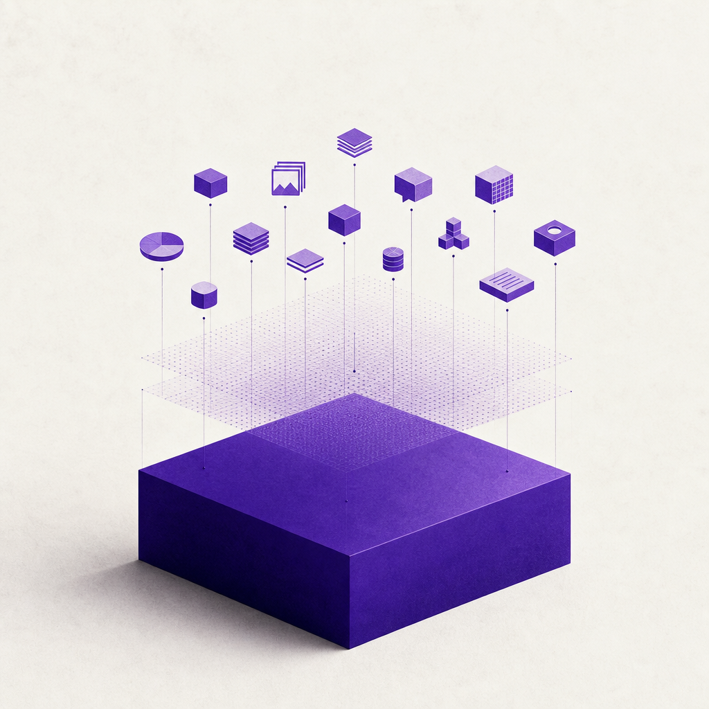 Abstract illustration of layered neural network architecture serving as foundational substrate for modern AI applications