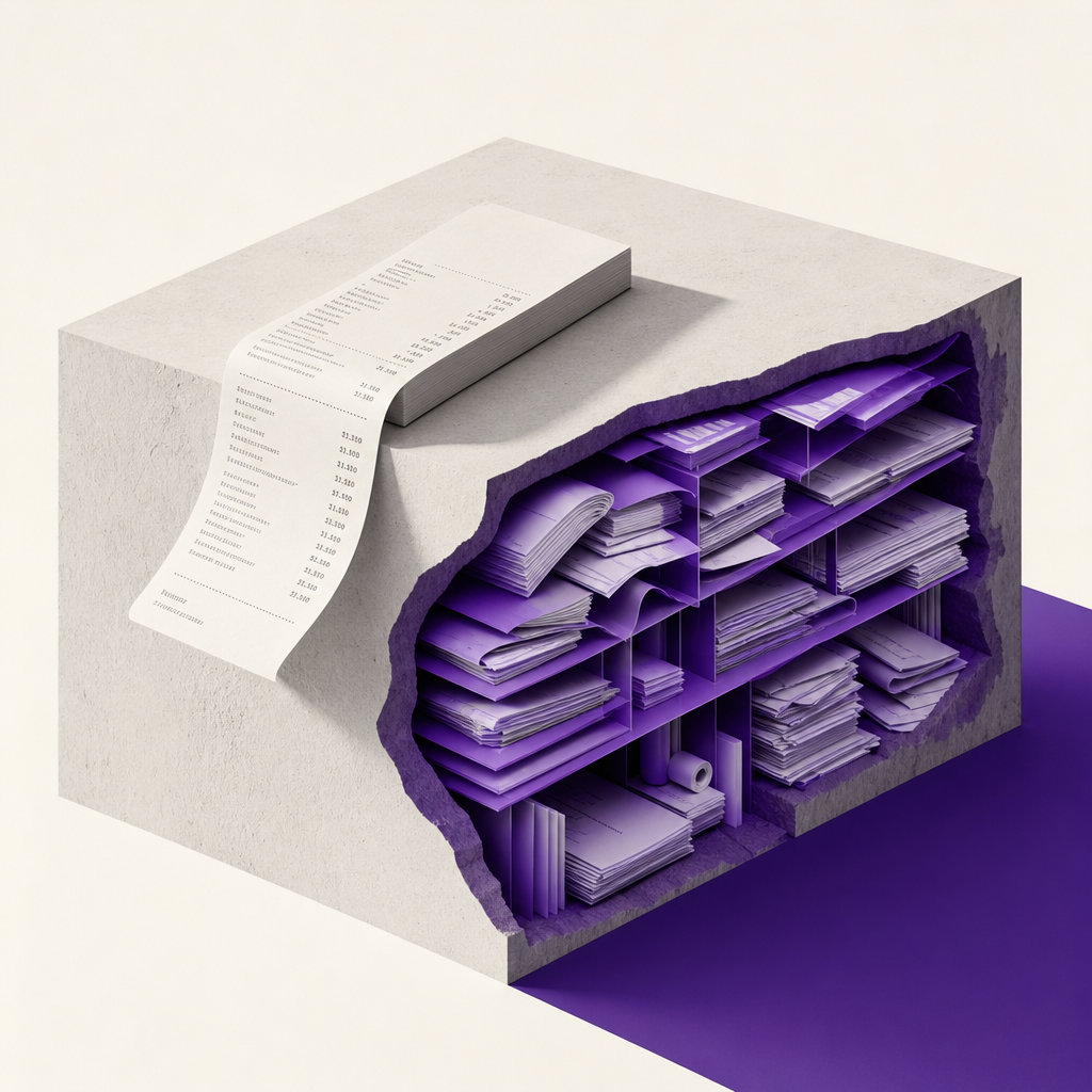 Hidden costs layered beneath a fashion shoot invoice, visualized as overlapping translucent surfaces