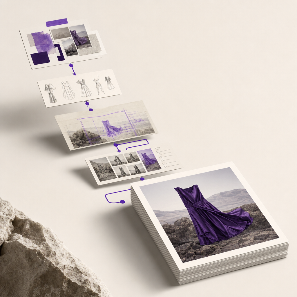 Orchestrated sequence of autonomous tasks composing fashion marketing visuals through AI visual agents