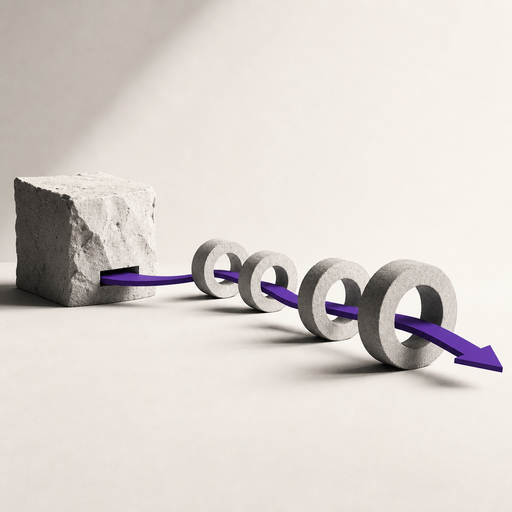 Abstract geometric layers in purple and neutral tones representing iterative design cycles and structural advantage