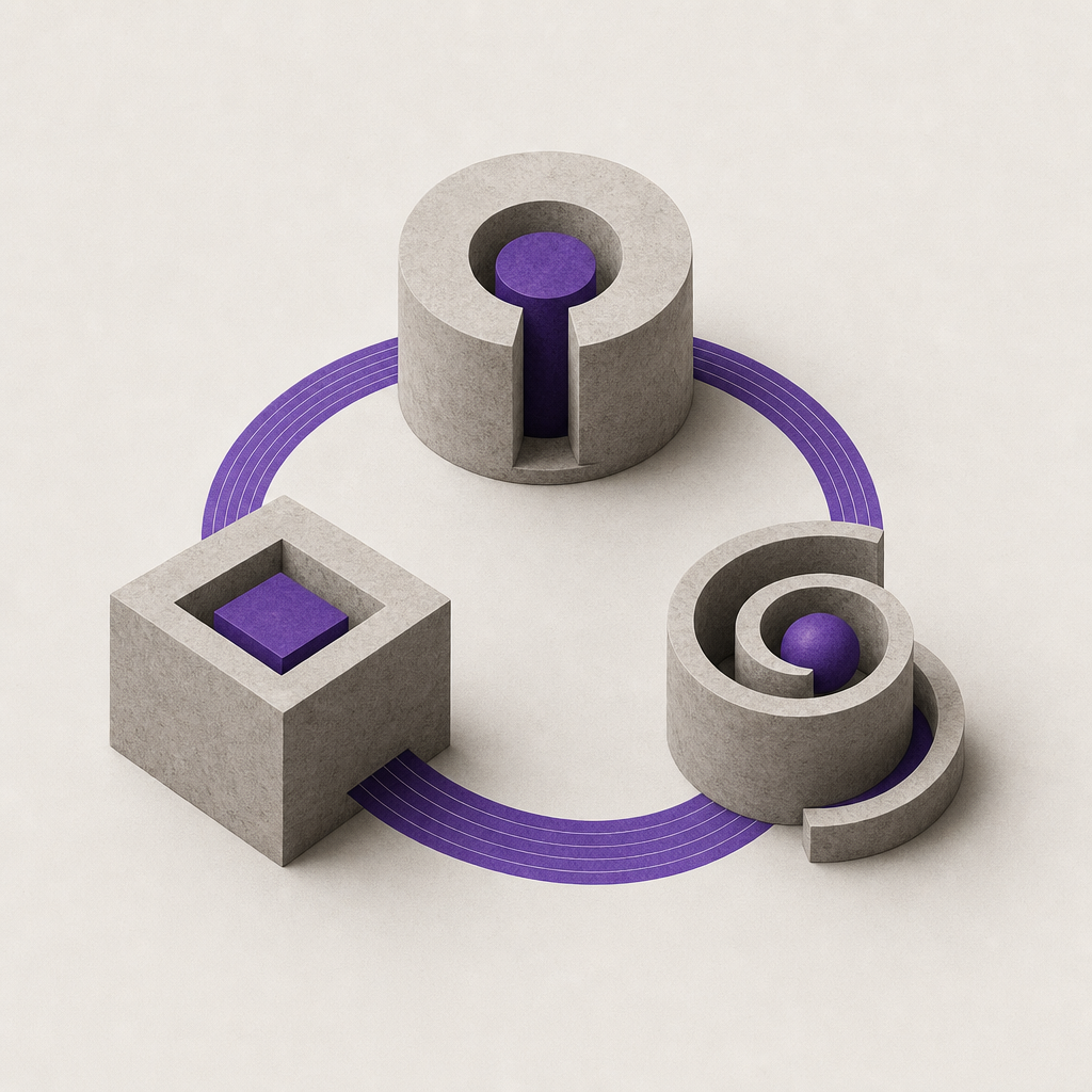 Three interlocking systems visualized as interconnected layers supporting multi-step reasoning architecture