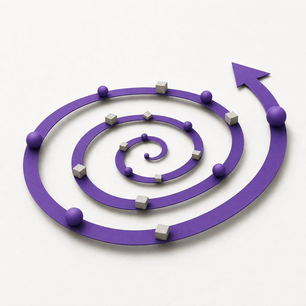 Nested circular loops expanding outward in Active Purple, representing iterative learning cycles and campaign optimization