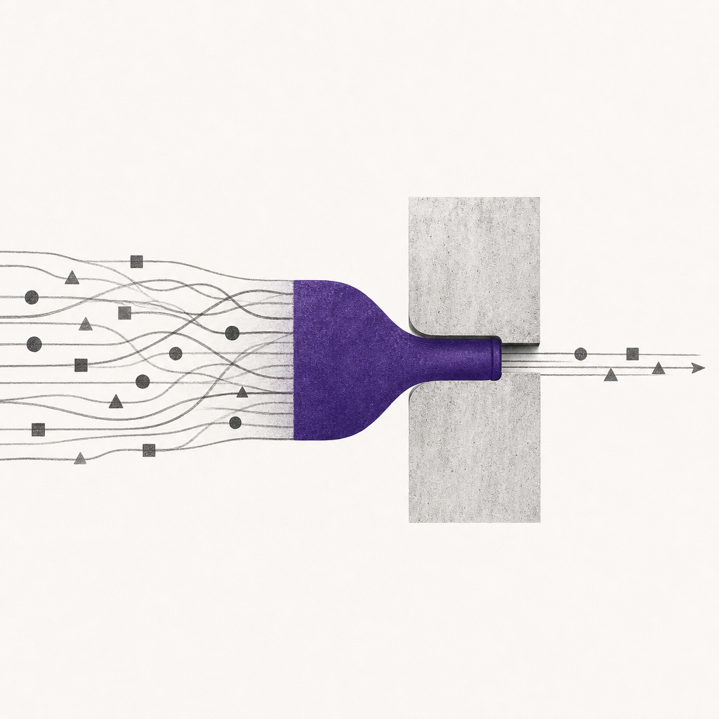 Diagram showing workflow bottleneck where structural constraints limit throughput regardless of individual speed