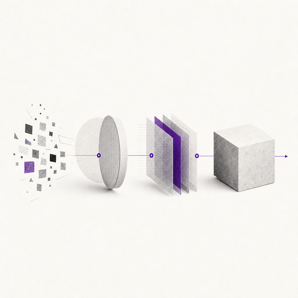 Three sequential agents processing workflow illustrated with abstract geometric shapes and deep purple accent