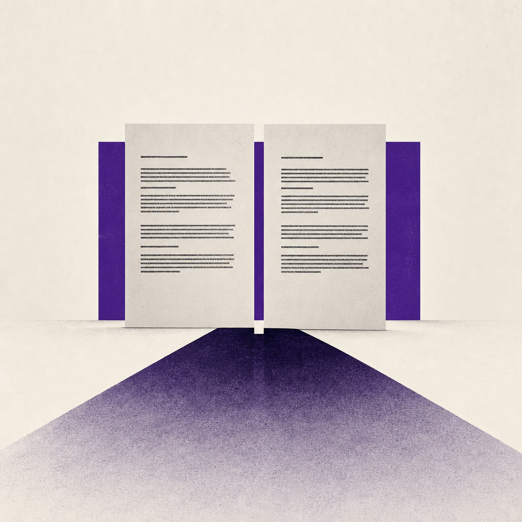 Two overlapping screens displaying identical text, symbolizing conflation between AI ad script writer categories