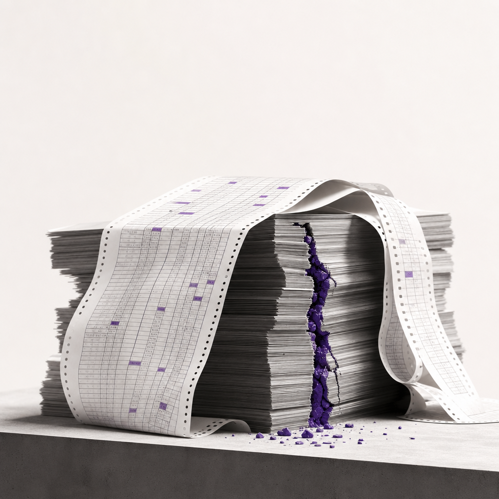 Fragile infrastructure metaphor showing stacked spreadsheets and adrenaline-fueled fashion content production systems