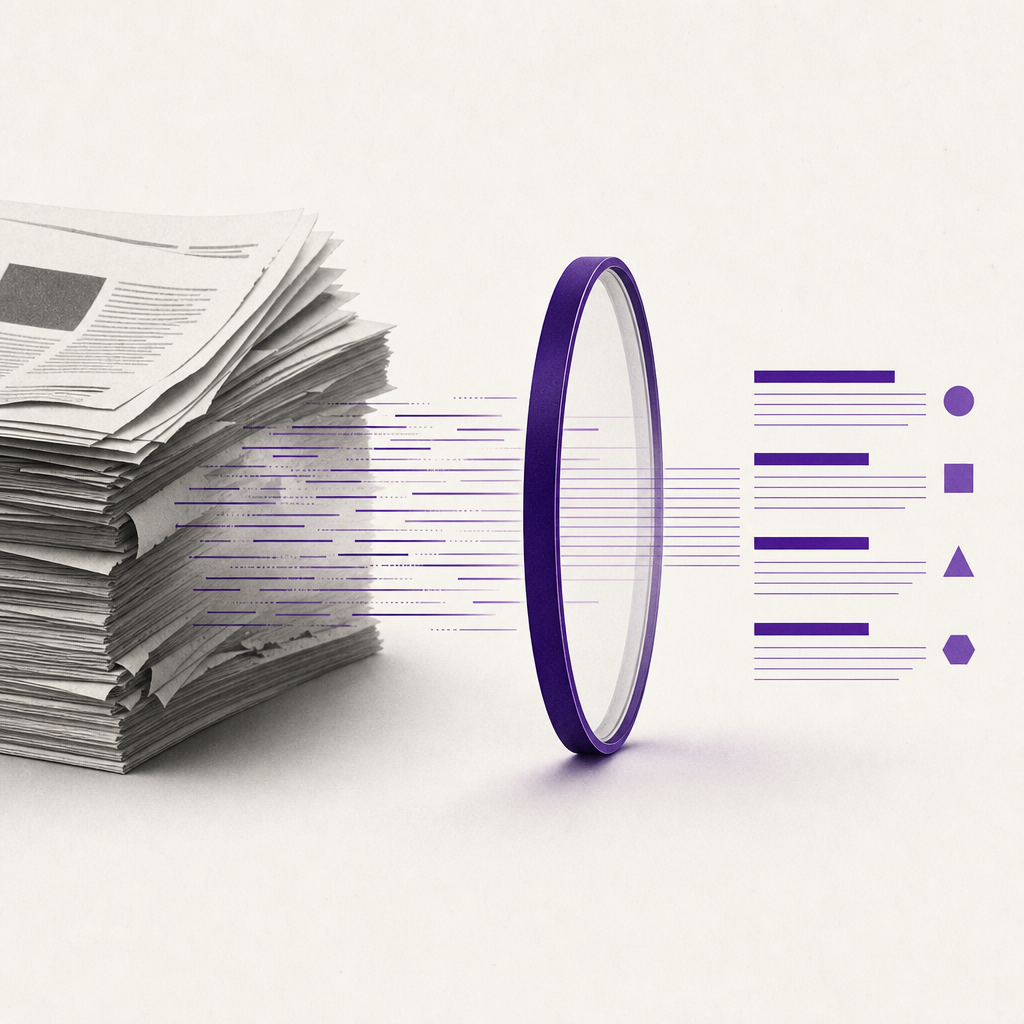 Illustration of layered documents with purple accent revealing brand voice patterns and consistency markers