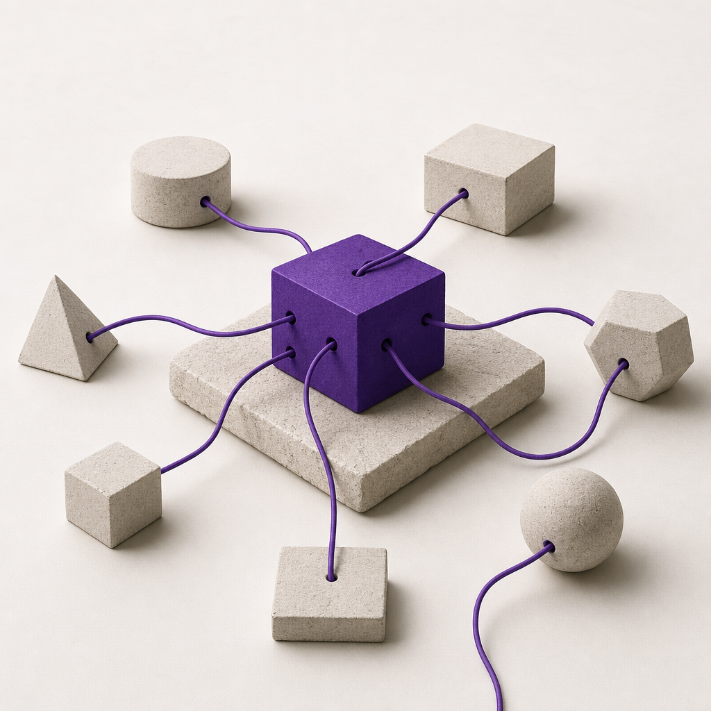 Abstract illustration of connected workflow nodes and sequential logic pathways in purple and neutral tones