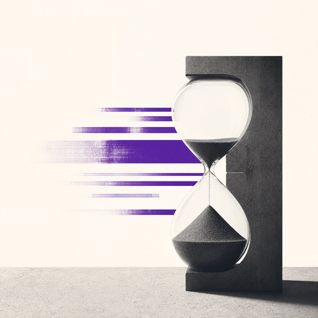 Hourglass with sand flowing through narrow opening, representing time pressure and rapid content deadlines