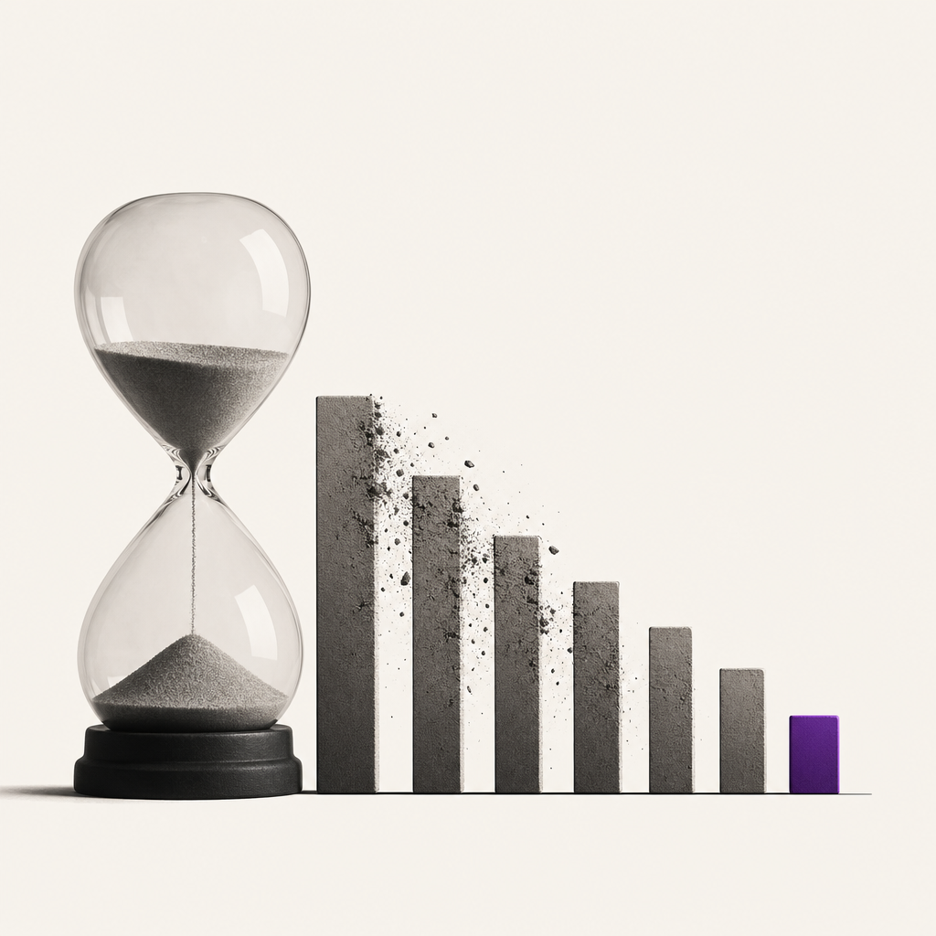 Clock face with purple accent showing time passing, representing creative latency impact on revenue