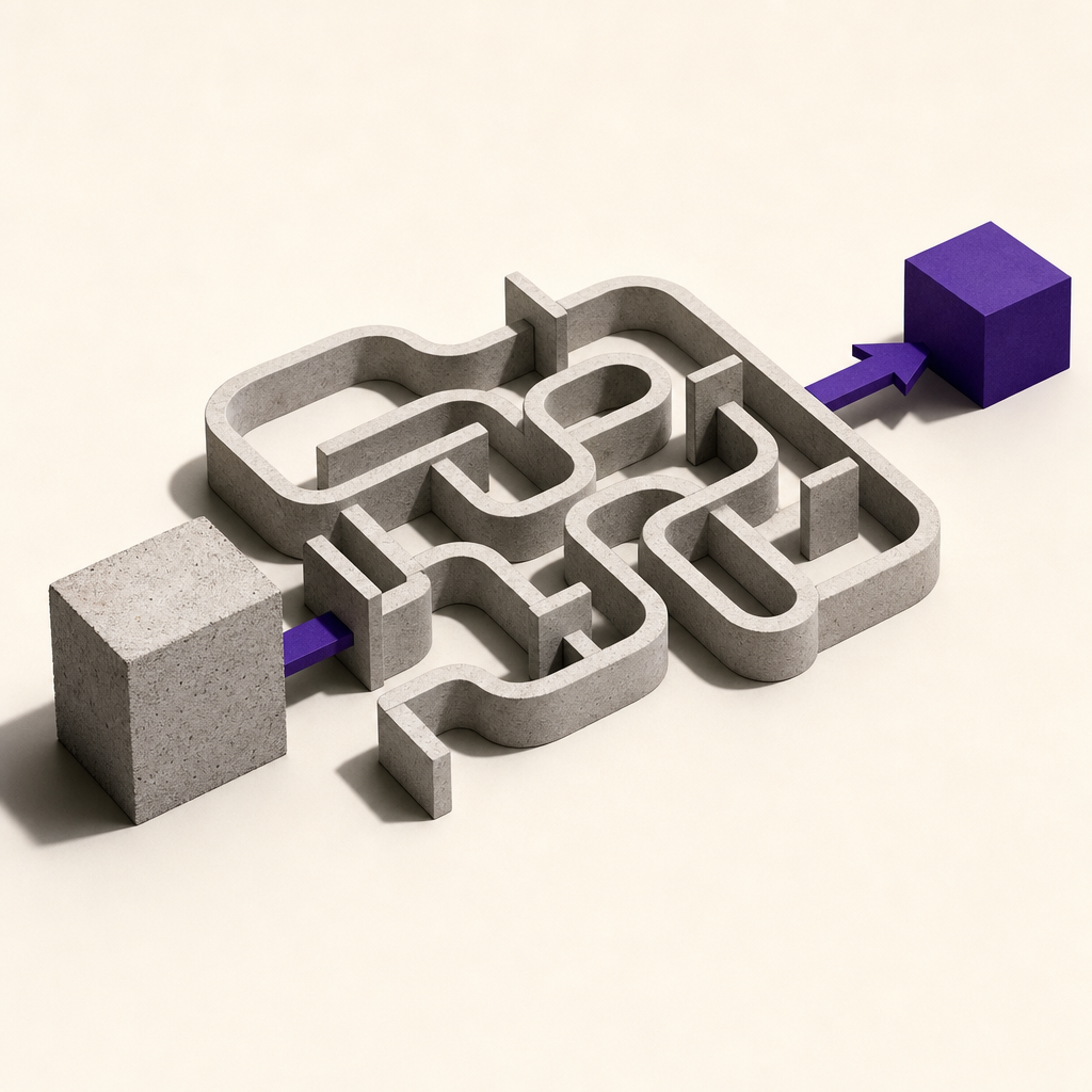 Interconnected workflow blocks in deep purple and neutral tones illustrating bank product localization process architecture