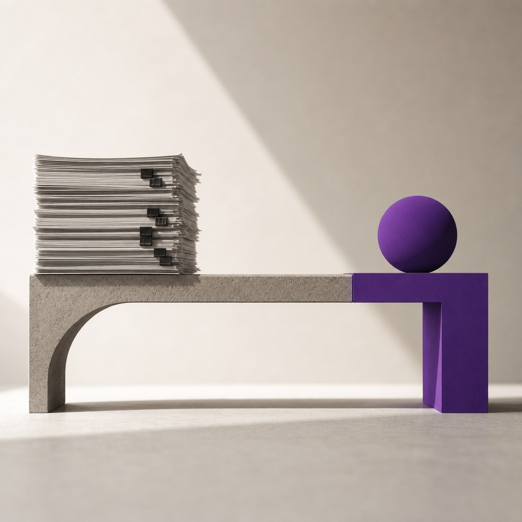 Illustration of a document review checkpoint with purple accent, representing human oversight in AI regulatory compliance decisions