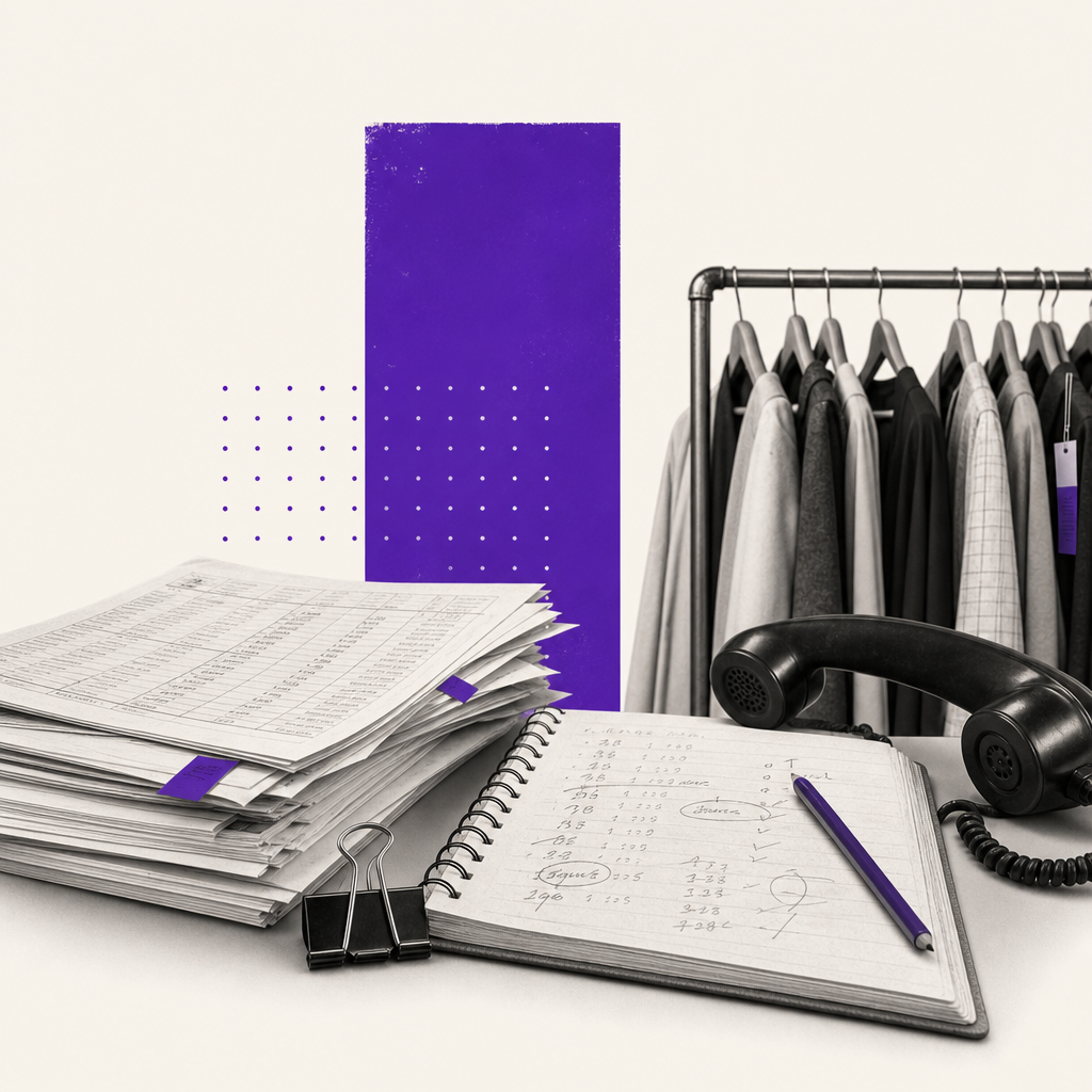 Spreadsheets and manual notes scattered on neutral surface representing fashion wholesale lead qualification