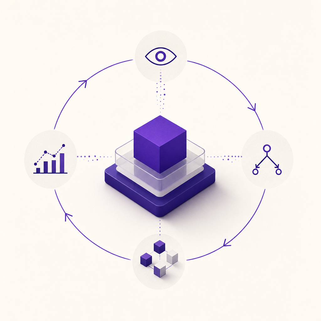 Circular diagram showing AI agent platform workflow: perceive, decide, act, learn feedback loop