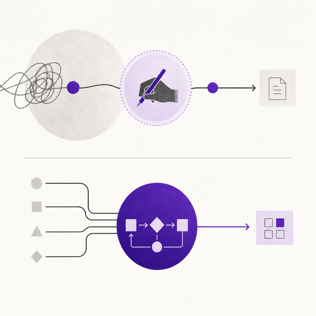 Illustration contrasting a human hand guiding a workflow versus an autonomous AI agent platform executing it independently