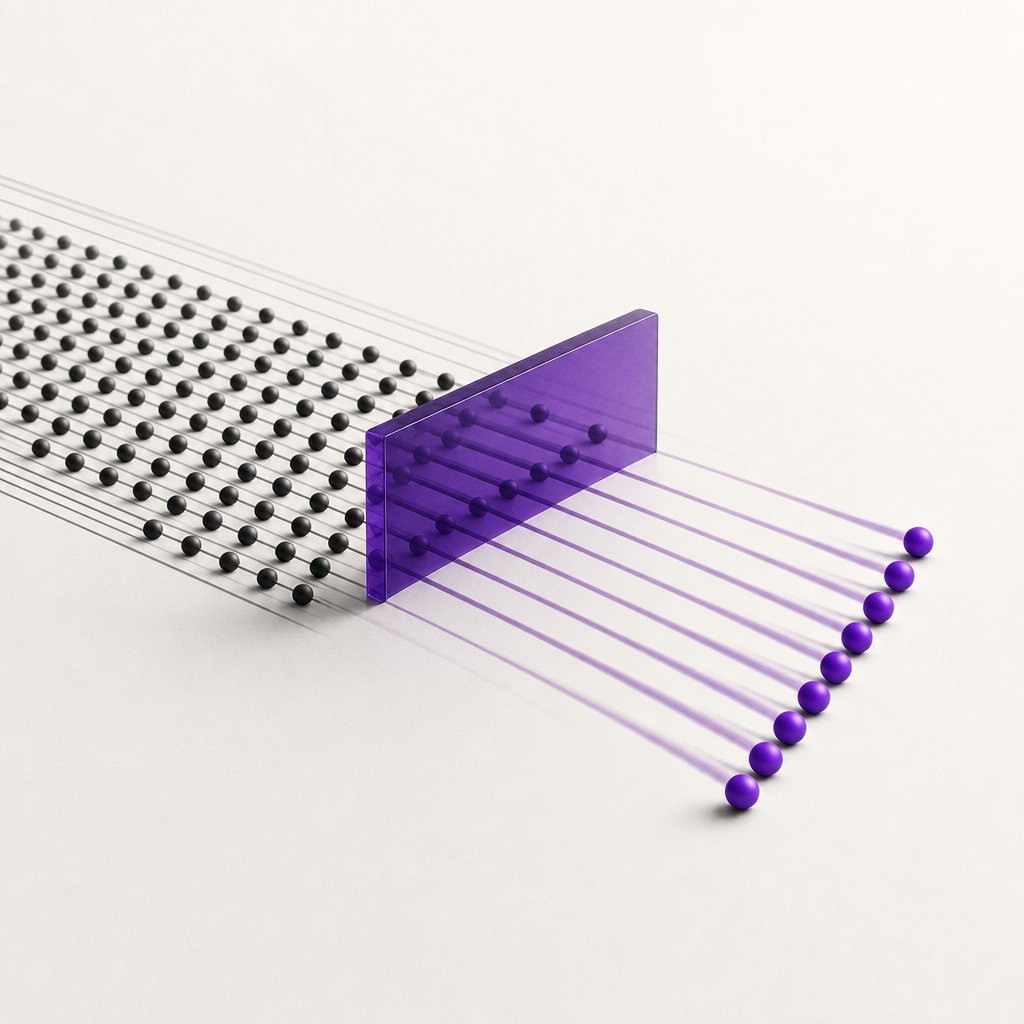 Abstract illustration of interconnected workflow patterns flowing through layered geometric shapes in purple and neutral tones
