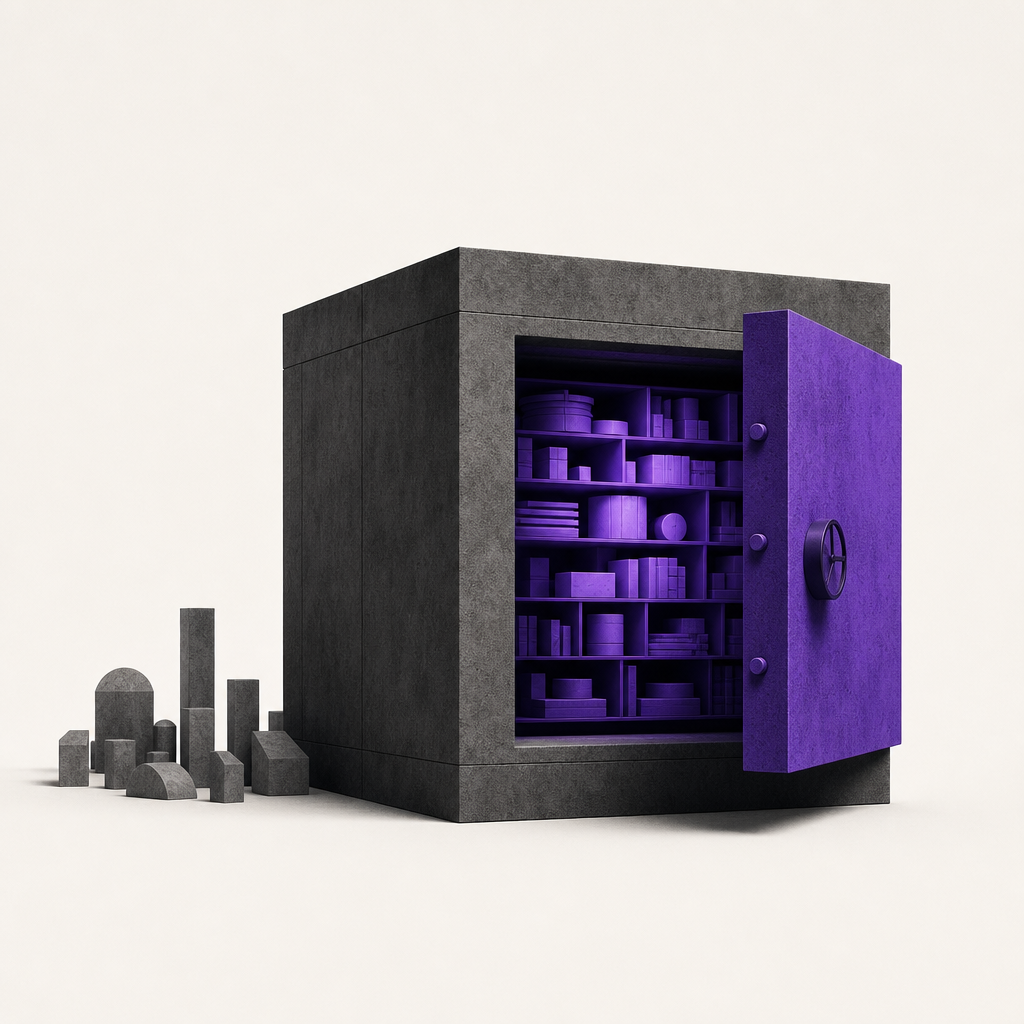 Locked vault door with proprietary data flowing inward, marketplace agents blocked outside