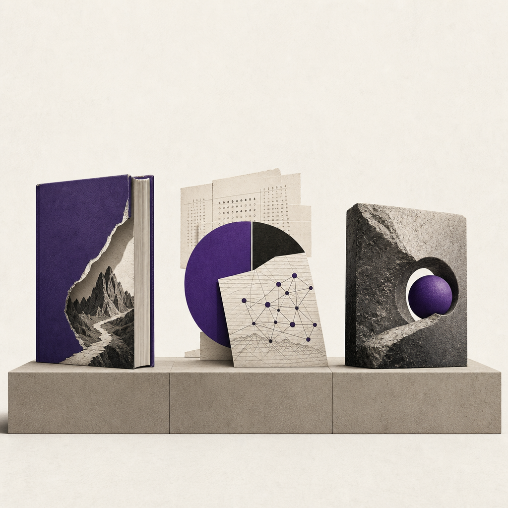 Human copywriter strengths illustrated through narrative, research, and thought leadership visual metaphor