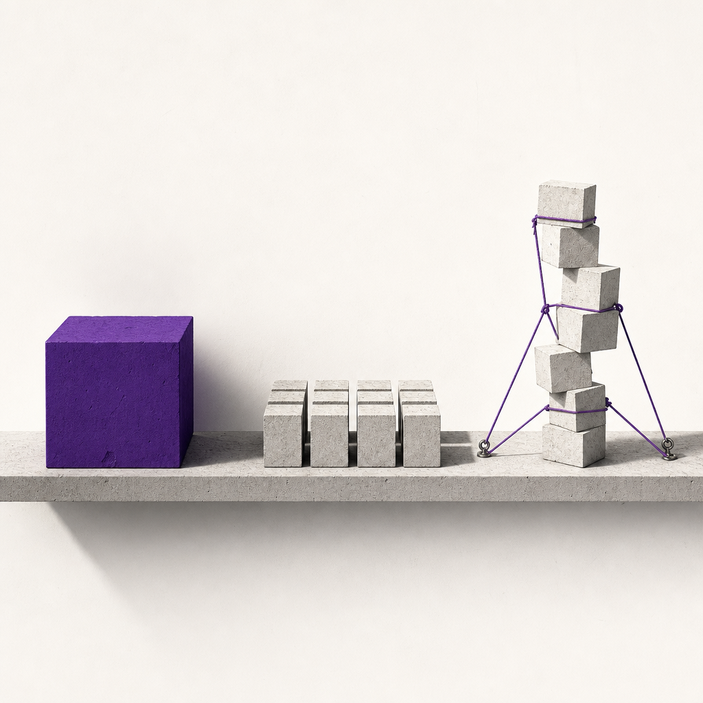 Fragmented puzzle pieces in deep purple and neutral tones representing disconnected AI productivity tool systems