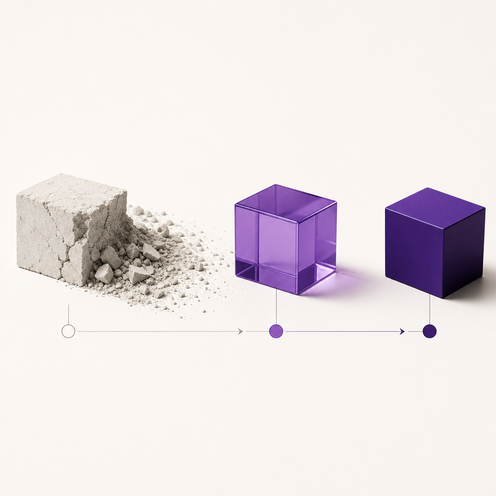 Abstract illustration of a compressed timeline with a single purple accent, representing rapid AI feature validation
