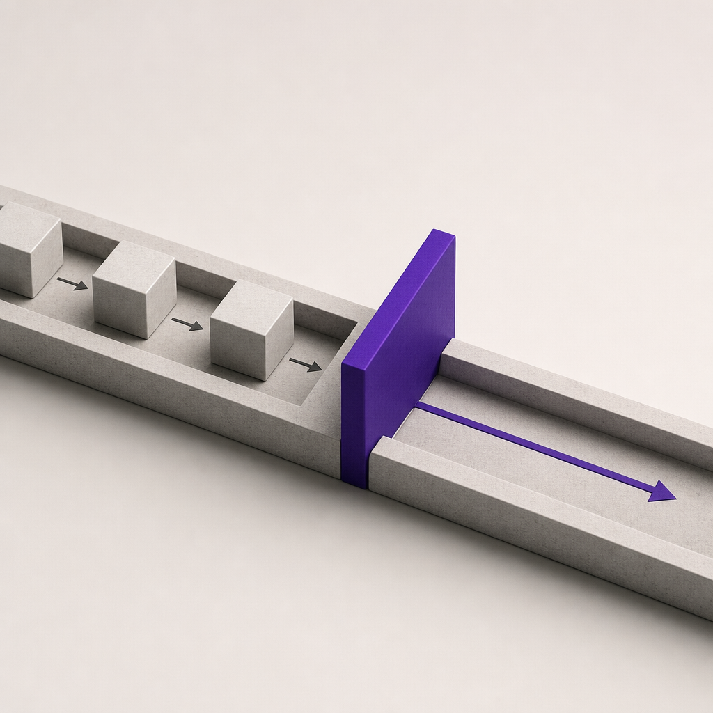 Minimalist illustration of interconnected gears and linear workflow paths in deep purple against neutral background