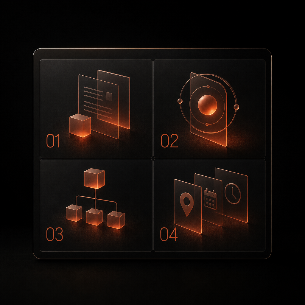 Four schema markup types illustrated as layered translucent planes with vermilion light accents