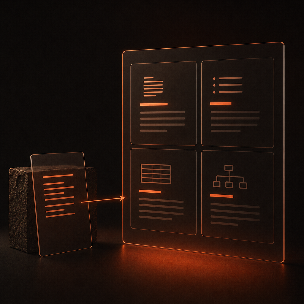 Structured data blocks arranged in organized panels representing answer engine optimization formats