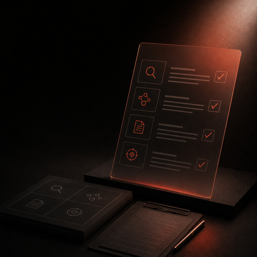 Checklist panel illustration for auditing schema markup for AI search gaps on priority pages