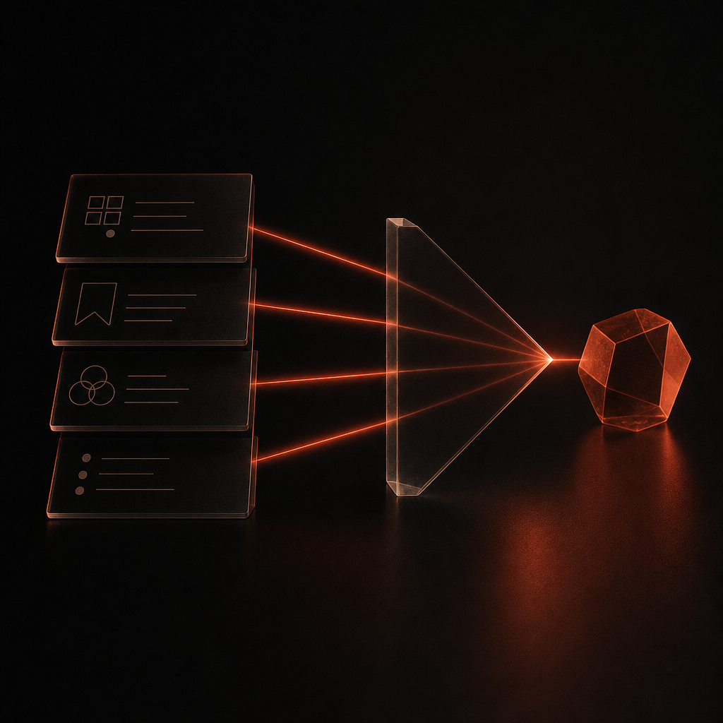 Structured input controls displayed as layered translucent panels with vermilion accent lighting