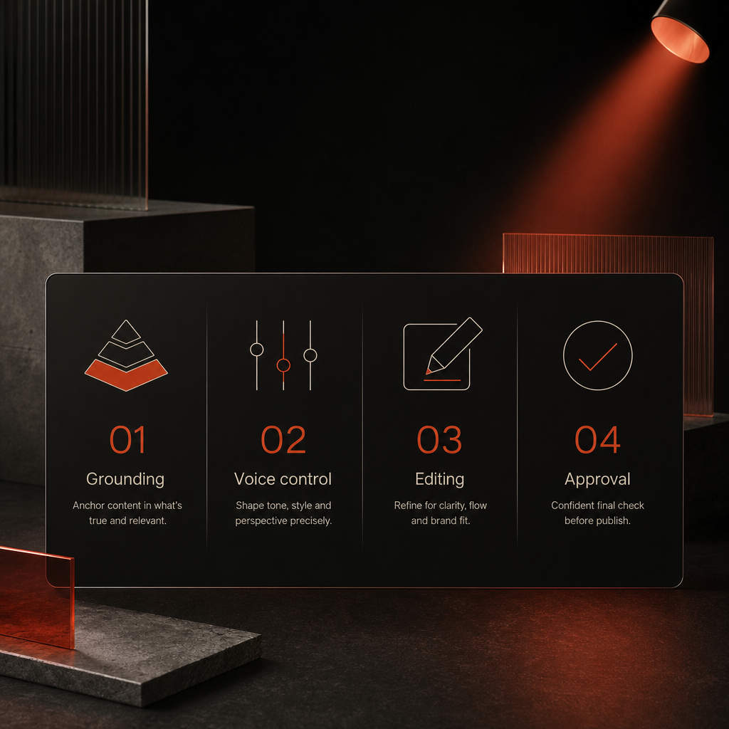 Four evaluation criteria for AI tools displayed as stacked panels with vermilion accents