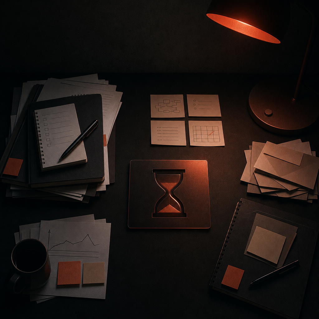 Vermilion-lit workspace showing overlapping tasks and documents symbolizing divided attention from sales work