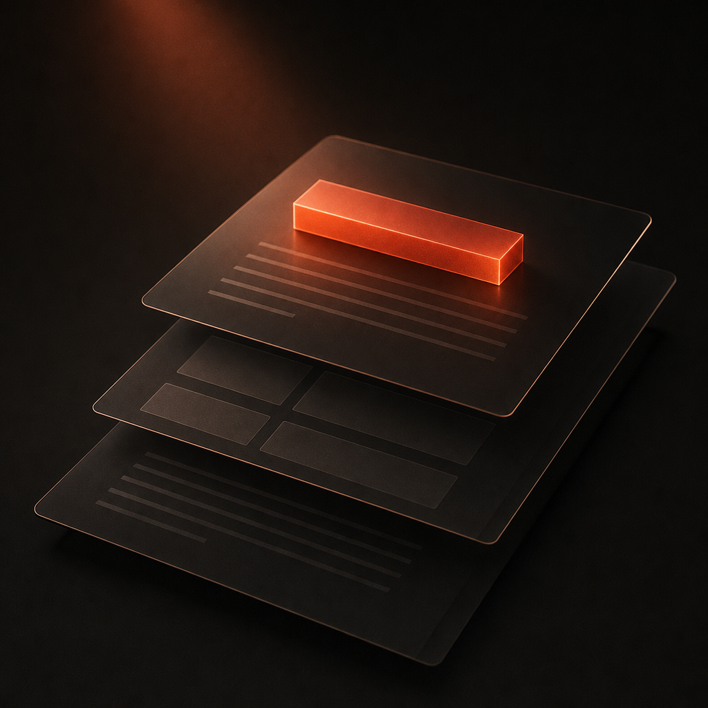 One-sentence answer displayed prominently at top of dark page with vermilion accent light
