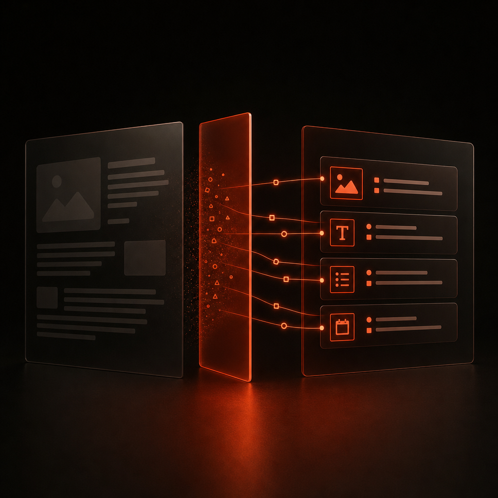 Abstract layers of translucent planes with vermilion light revealing structured data schema markup clarity