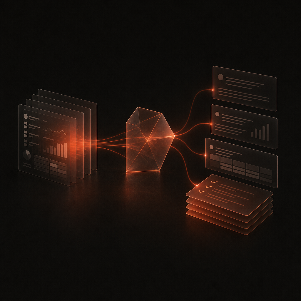 Abstract illustration of raw data transforming into structured insights and campaign recommendations