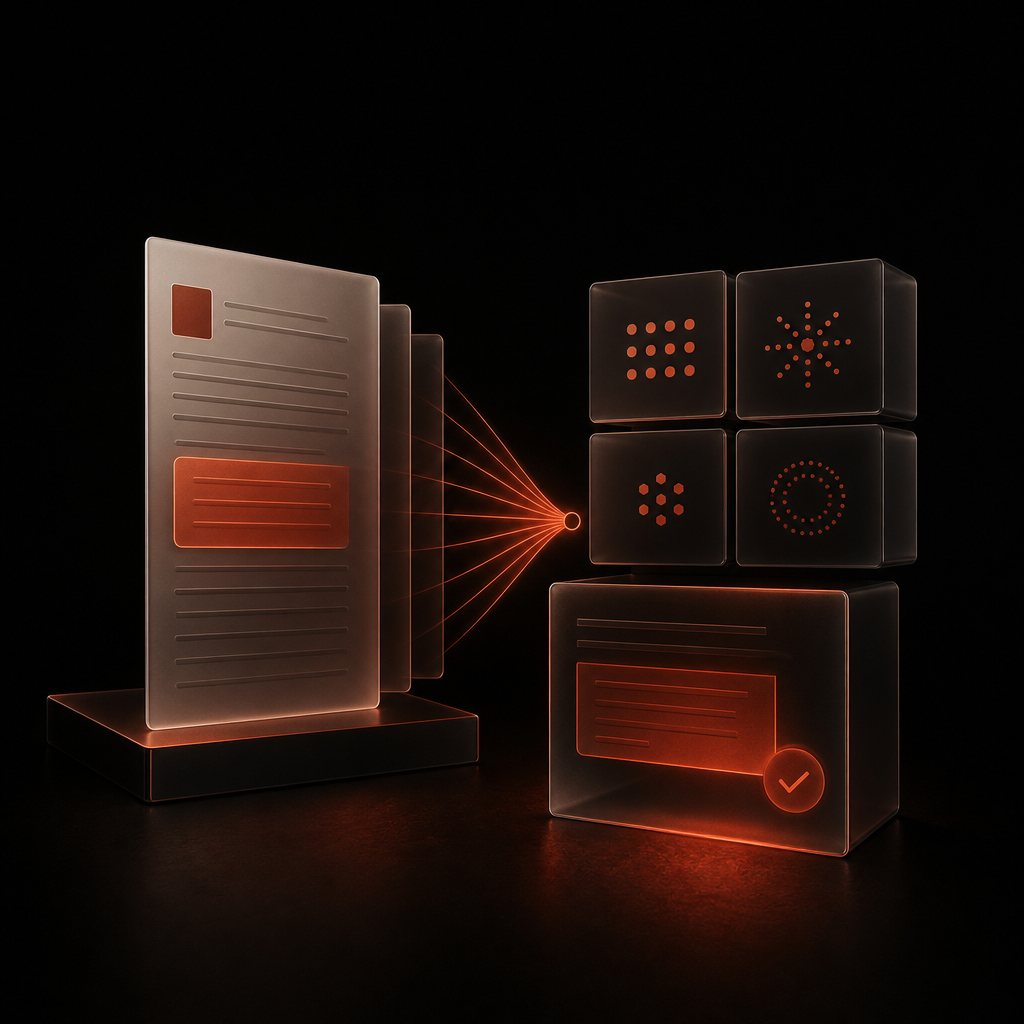 Abstract illustration of content being selected and highlighted by AI systems for answer engine optimization