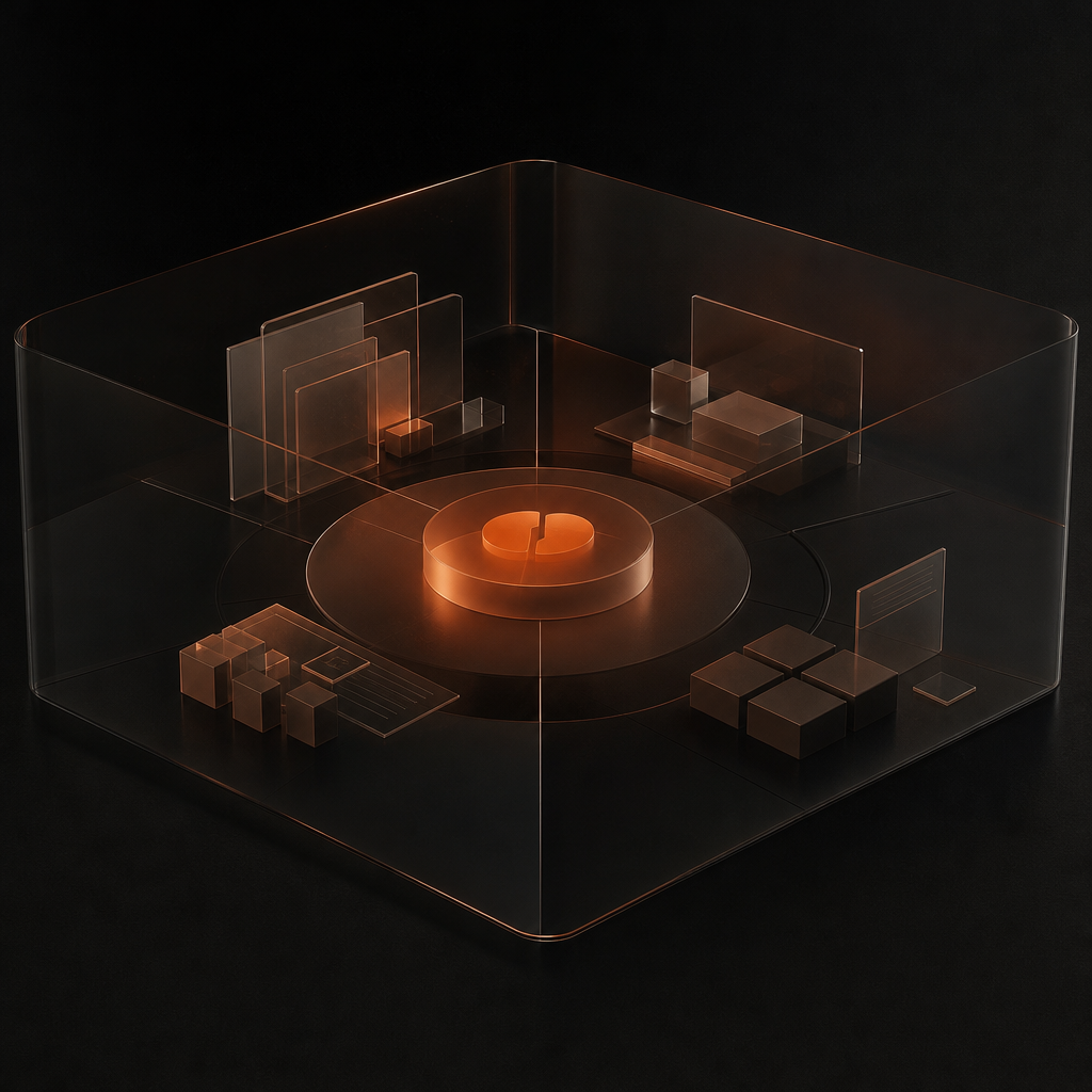 Translucent planes of vermilion light converging in shared workspace, symbolizing integrated AI agent platforms for growth teams