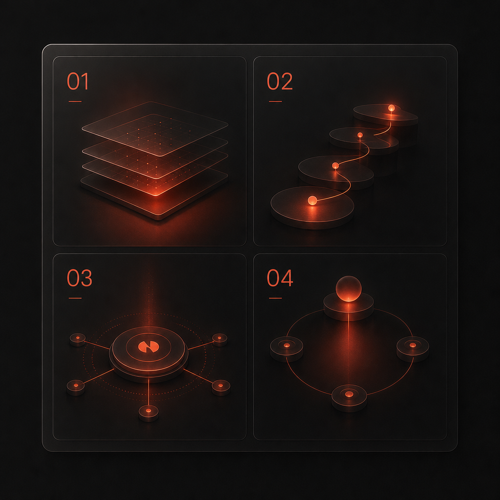 Diagram showing four structural components of multiplayer AI systems with vermilion accent lighting